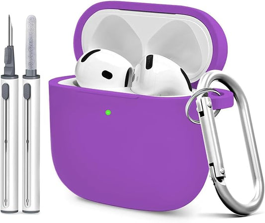 Silicone Case Cover for AirPods 4th Gen, Soft Skin, Full Protection, Keychain, Cleaner Kit (Purple)