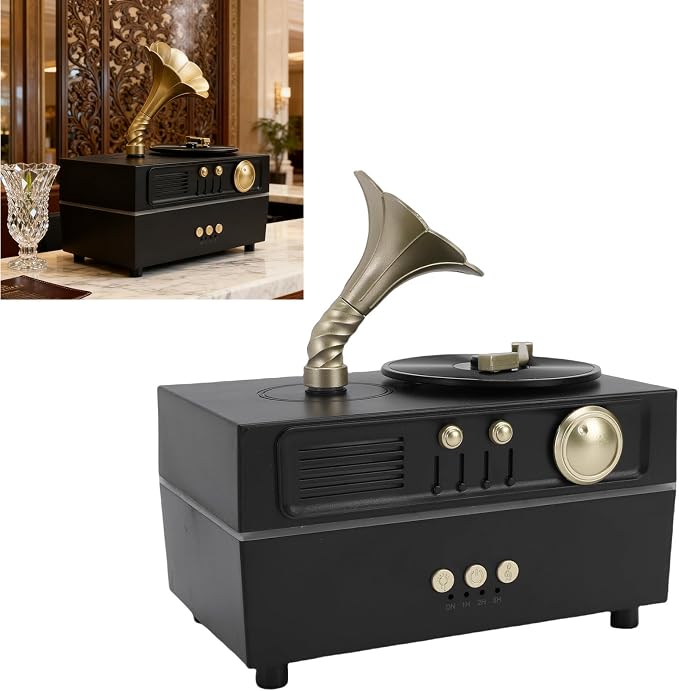 Retro Aromatherapy Humidifier, Unique USB Bluetooth Gramophone Style Vintage Oil Diffuser Cool Mist Machine for Home Relaxation and Bedroom Decor