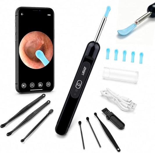 Ear Wax Removal, Ear Wax Removal Kit Tools with 6 LED Lights/IP67 Waterproof Lens/8 Traditional, Ear Cleaner with Camera 1080P HD USB Rechargeable Ear Picker Cleaning kit Black