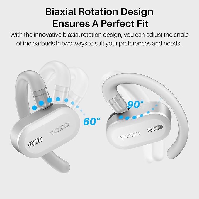 TOZO O2 True Open Ear Wireless Earbuds with Multi-Angle Adjustment, Bluetooth 5.3 Headphones with Bass Sound, Crystal-Clear Calls, 42 Hrs Playtime, Long-Lasting Comfort for Work, Driving, Sport White
