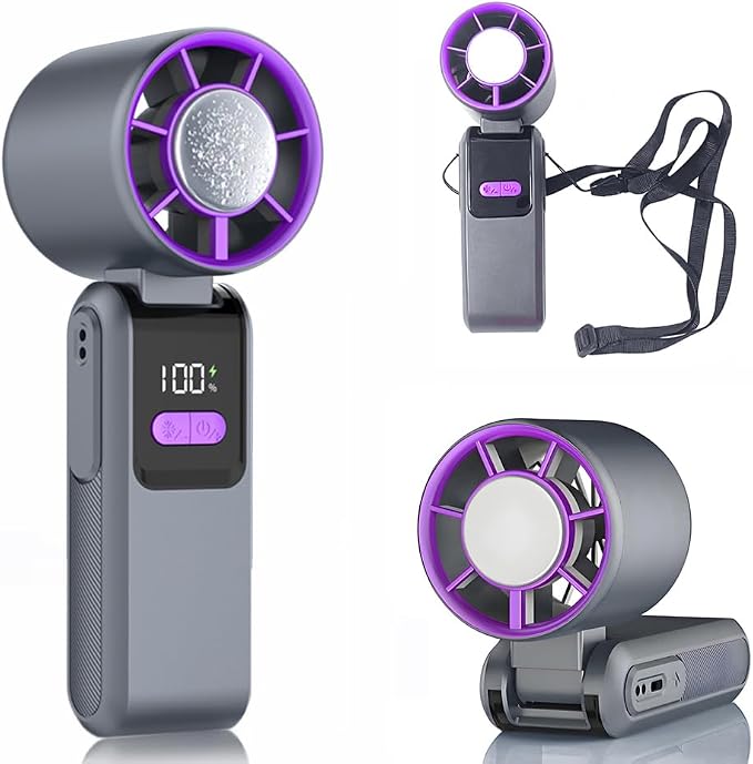 Portable and Foldable 3 in 1 mini ICE-Cooling high speed Turbo fan, 9W Led digital display of 1~199 levels wind speed and power,Brushless motor, Rechargeable dual colors housing(Grey and Purple)