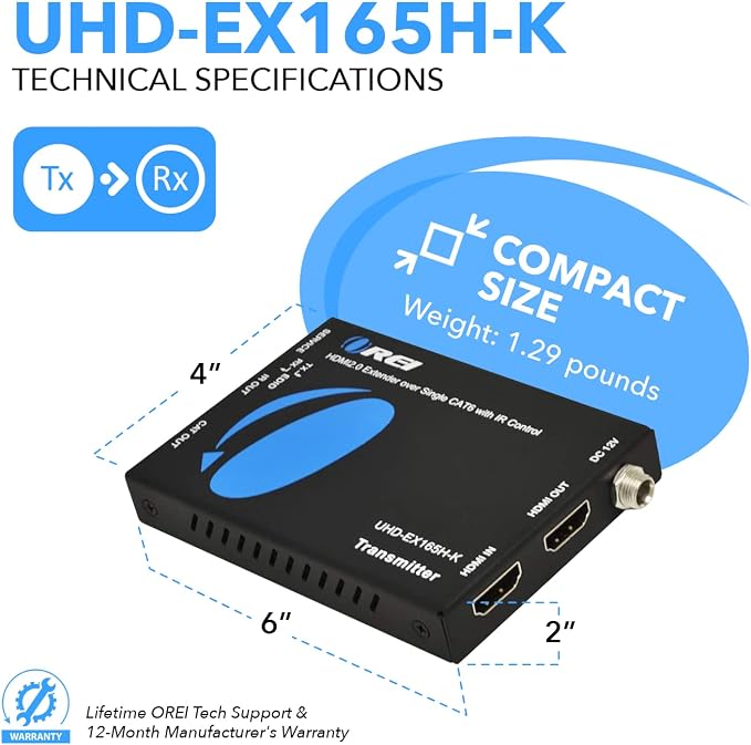 OREI HDMI Extender Over Cat6 165ft - 4K@60Hz with IR, Loop Out, EDID, PoC