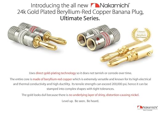 Nakamichi Ultimate Series 24K Gold Plated Beryllium Red Copper Banana Plug 12-18 AWG Gauge Size 4mm Connector for Speakers Wire Amplifiers Hi-Fi Sound Systems (8 Pcs (4-Pairs), Banana Plugs)