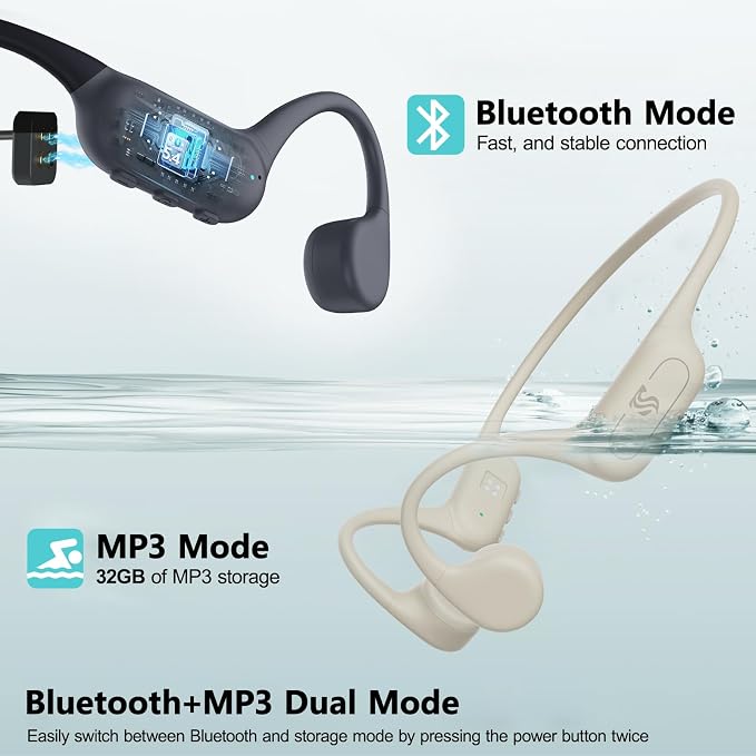 Bone Conduction Headphones IPX8 Waterproof Swimming Headphones Open Ear Headphones with MP3 Mode 32GB Memory 8H Playtime Bluetooth 5.4 Ear Buds Secure Fit for Running and Fitness (Apricot)