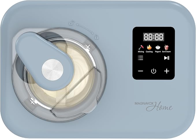 Magnavox Home, 1.2 Qt Electric Ice Cream Maker with Compressor, Touchscreen Ice Cream Machine, Built-In Compressor, Automatic Sorbet, FroYo, Italian Ice Maker, No Pre-Freeze
