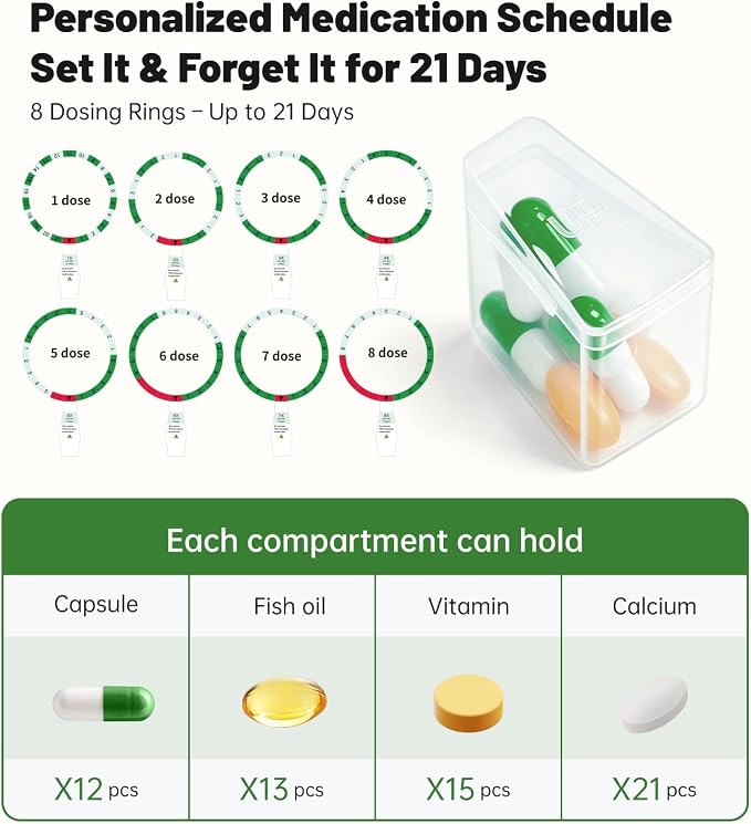 Automatic Pill Dispenser with 21 Individual Pods for Fresh Storage, Seniors-Friendly Smart Medication Organizer with Alarm & Light Alerts, Key Lock for Multiple Vitamins, Supplements, Prescriptions