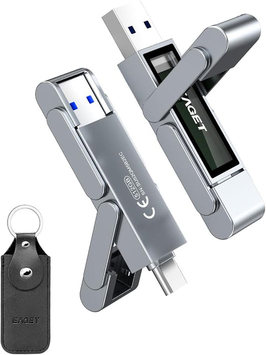 EAGET 512GB USB Flash Drive, USB-C Dual-Port Solid State Drive with USB 3.2, 560MB/s High-Speed Thumb Drive for iPhone 15/16/17 Pro, Android, Mac, PC, PS5 – Durable Metal Body & Portable SSD