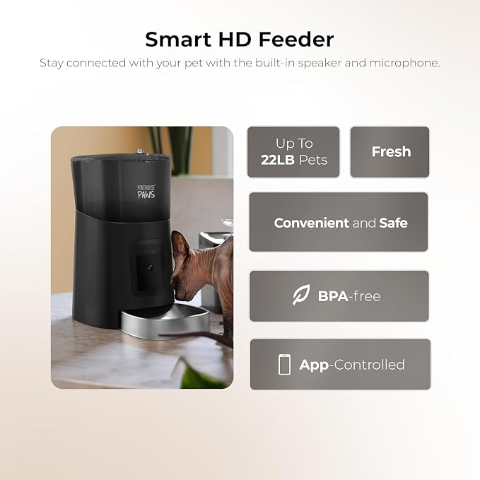 Penthouse Paws Smart HD Pet Feeder, 6L Dry Food Capacity, 1080p Camera, 2-Way Audio, Scheduled Meals, Backup Power, Easy to Clean, Anti-Jam Design for Cat & Dog, Black/Stainless Steel