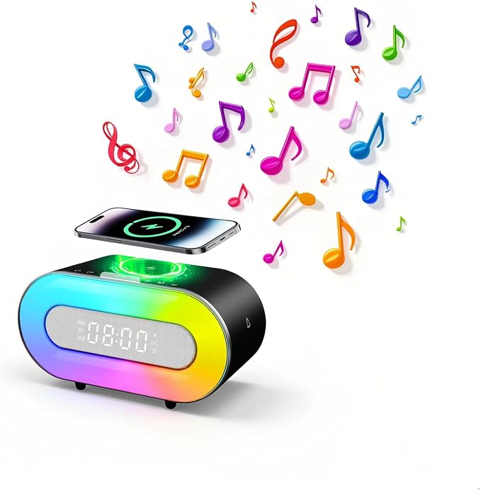 5-in-1 Portable Bluetooth Speaker with Dual Stereo Speakers, RGB LED Atmosphere Table Lamp, 15W Wireless Charging Station, Dimmable Clock, Foldable Phone Stand, Teen Boy Girl Trendy Stuff Gift