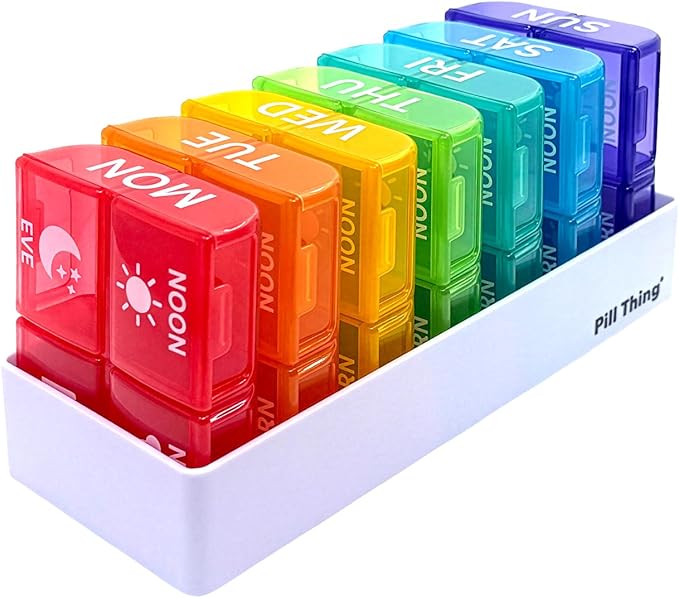 Large Weekly Pill Organizer 4 Times a Day – 7 Day Color-Coded Pill Boxes with Larger Compartments, Secure Snap-in Tray, BPA Free, Medical Alert Card Included (4X a Day - 1 Pack)