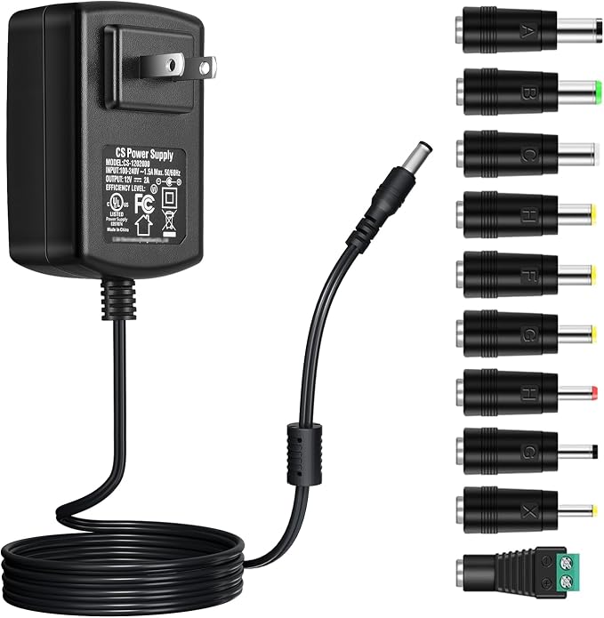 12V 2A Power Supply,DC 12V 2000mA Power Adapter with 5.5mm x 2.1mm Tip and 10 Interchangeable Jacks Plug for LED Strip Light, CCTV Camera, Piano Keyboard, BT Speaker, Router and More,UL Listed FCC