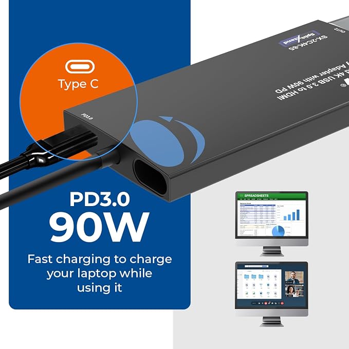 OREI SplitExtend 4K HDMI Splitter Extended Display for Dual Monitor - Multi-Monitor Display 3 Separate Screens - USB A & USB-C Adapter to HDMI 2.0, 4K@60hz, 90W PD Charger, DisplayLink MacOS, Windows