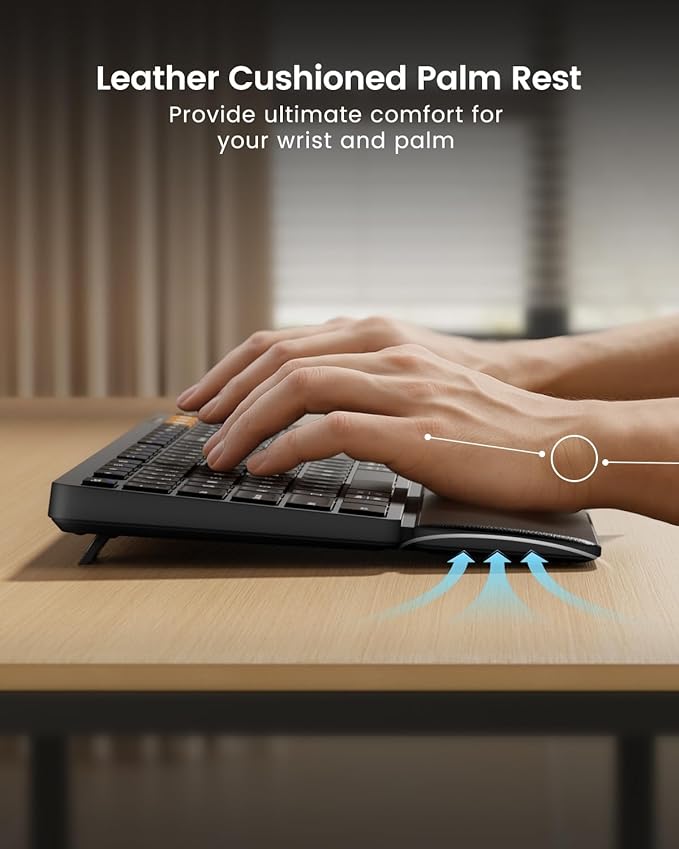 ProtoArc KM60 Wireless Bluetooth Keyboard and Mouse, Ergonomic Keyboard with Wrist Rest, Multi-Device, 2.4GHz + Dual Bluetooth, Full Size, Rechargeable, for Laptop/Computer/PC/Windows/Mac, Black