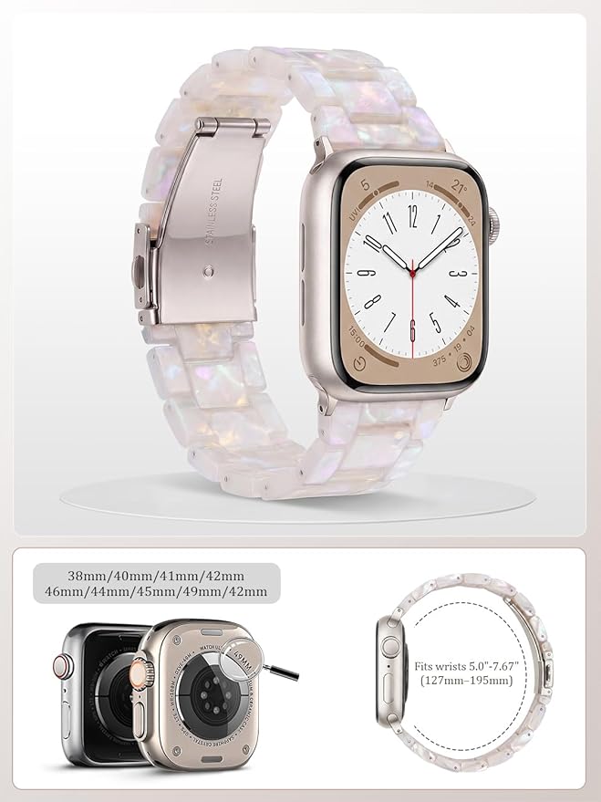 V-MORO Resin Bands Compatible with Apple Watch Series 8/7/9/10/11 Starlight Buckle Fashion Lightweight Watch Strap for iwatch Series SE/6/5/4/3/2/1(Aurora White,42mm/41mm/40mm/38mm)