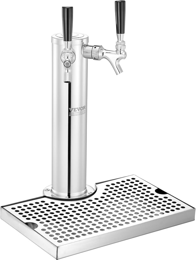 VEVOR Kegerator Tower Kit, Dual Taps Beer Conversion Kit, Stainless Steel Keg Beer Tower Dispenser with Dual Gauge CGA320 Regulator & D-System Keg Coupler, Beer Drip Tray for Party Home