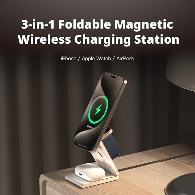 ADAM elements Mag Z 3-in-1 Foldable Travel Charging Station, Magnetic Wireless Charger for iPhone 17-12, Apple Watch, AirPods & Samsung Galaxy Watch, Compact Portable Stand for Desk & Travel (White)