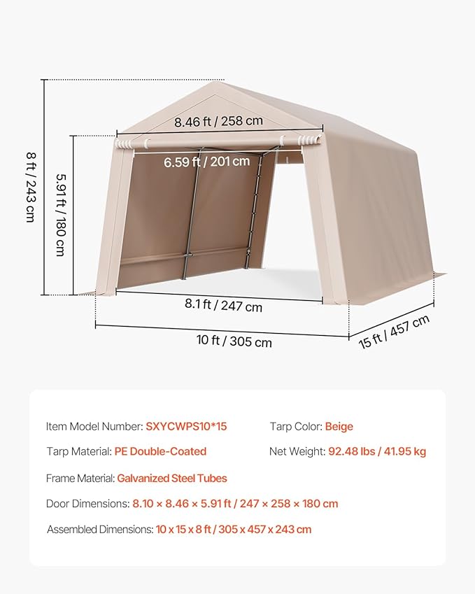 VEVOR 10 x 15 ft Outdoor Storage Shed Tent with Heavy-Duty Steel Frame, 2 Roll-Up Doors & Air Vents, Waterproof Portable Garage Carport Shelter for Motorcycle, Lawn Mower, Garden Tools, Beige