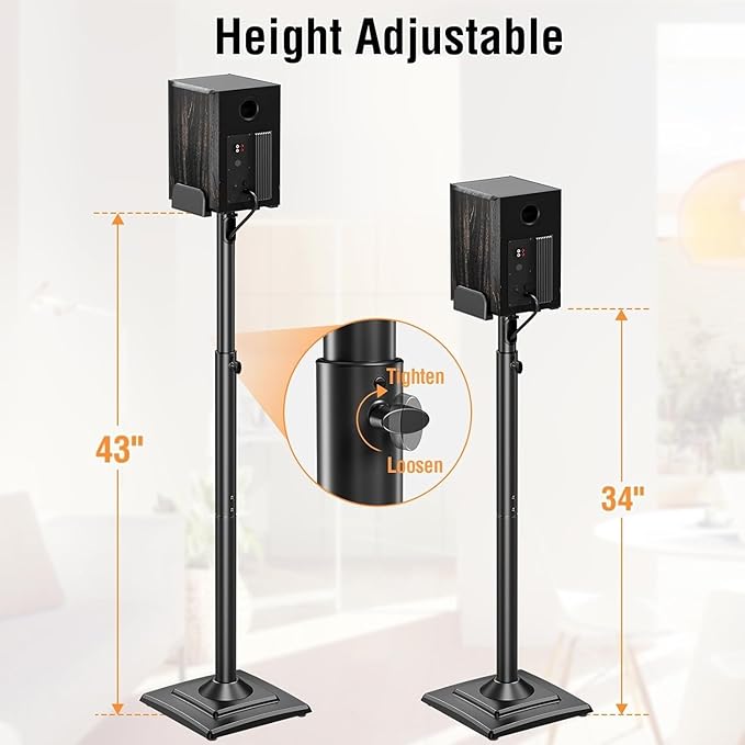 ELIVED Universal Speaker Stands Pair Height Adjustable Max 43.3", Surround Sound Speaker Stands for Bookshelf Speaker Satellite Rear Speakers Up to 11 lbs, Spring-Loaded Plate Extends to 10"