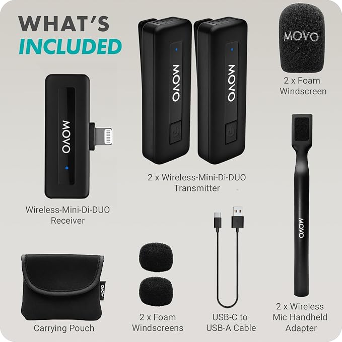 Movo Wireless Mini DI Duo Dual Ultra Compact Wireless Lavalier Microphones for iPhone with Handheld Adapter - Lapel Mic with Handle Mount for Content Creators, Interviews, Reporting and More