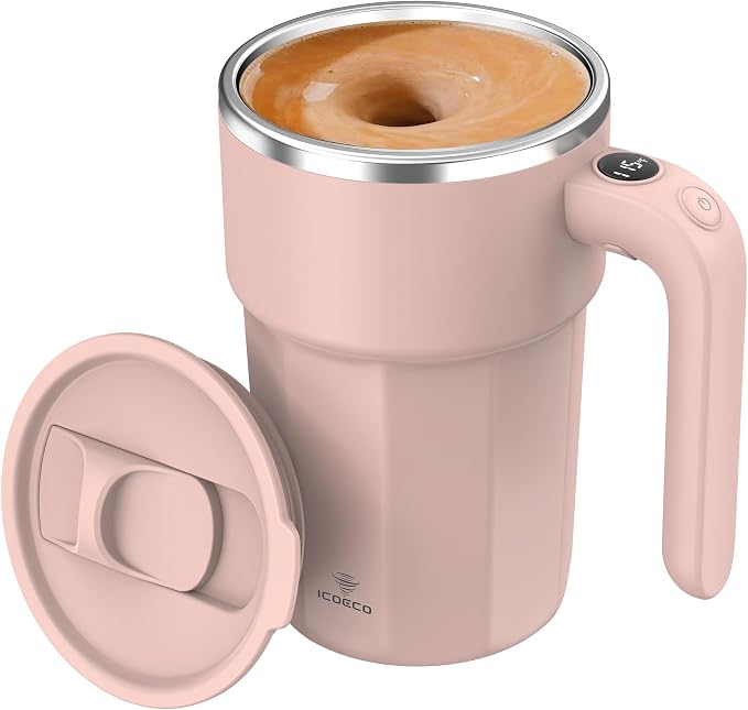 Self Stirring Coffee Mug, 12oz Rechargeable Magnetic Mixing Cup with Temperature Display, 316 Stainless Steel Electric Stirring Cup with Lid & Handle for Coffee, Cocoa, Matcha, Creamer, Mushroom Coffe