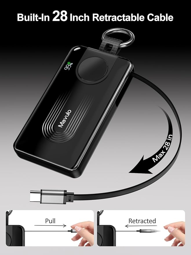 Mavulo 3-in-1 Portable Charger 10000mAh Power Bank for Samsung Galaxy Watch, Retractable USB-C Cable, 20W PD Fast Charging, LED Display & Keychain Battery Pack for iPhone 17/16/15 Air Pro Max Plus/S26