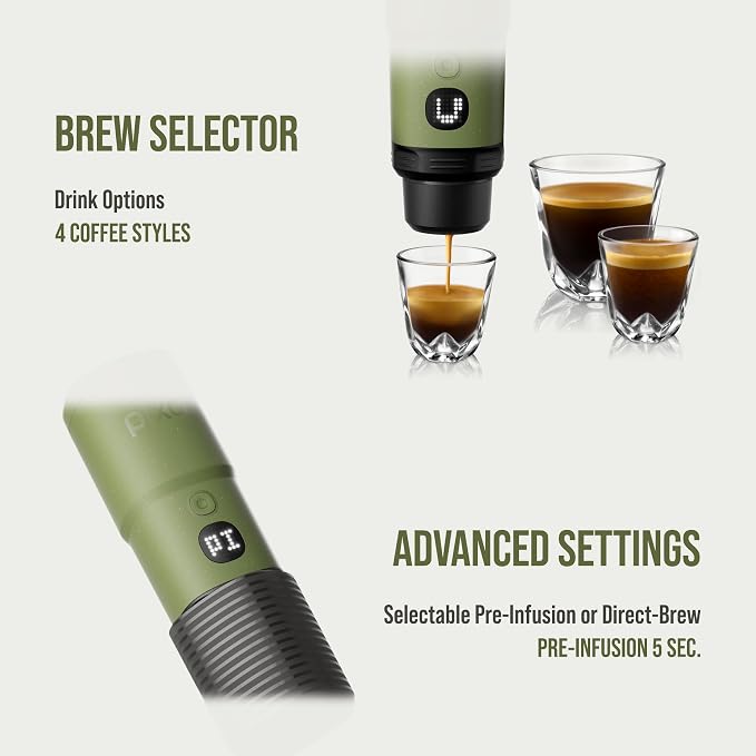 WACACO PIXAPRESSO, Coffee Machine Electric & Portable, With 4 Coffee Types & Fast Heat-Up, 3 * 3000mAh Battery, 20 Bar Portable Espresso Maker For Ground Coffee & NS Capsule, Olive Green
