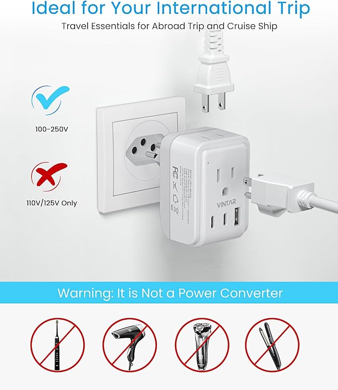 2 Pack Brazil Power Adapter, VINTAR Foldable Type N Plug Adapter with 2 AC Outlets 3 USB Ports (2 USB C), Brazil Outlet Plug for US to Brazilian