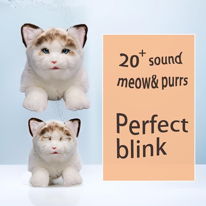 FLUFFYFUN Blinks, Meows & Purrs Realistic Stuffed Cat Interactive Companion Robot Pets 14"