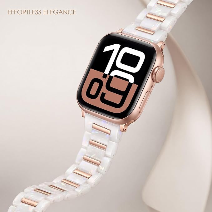 V-MORO Resin Band Compatible with Apple Watch 42mm 41mm 40mm 38mm,Fashion Lightweight Bracelet with Polished Rose Gold Stainless Steel Inlay for iWatch Series 11/10/9/8/7/6/5/4/3/2/1/SE,Fluorescent White