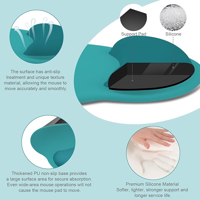 MOSISO Wrist Rest Support for Mouse Pad&Keyboard Set, Circle Curved Ergonomic Mousepad&Coaster Non-Slip Base Home/Office Pain Relief&Easy Typing Pad with Soft Cloth&Silicone Lining, Teal Green