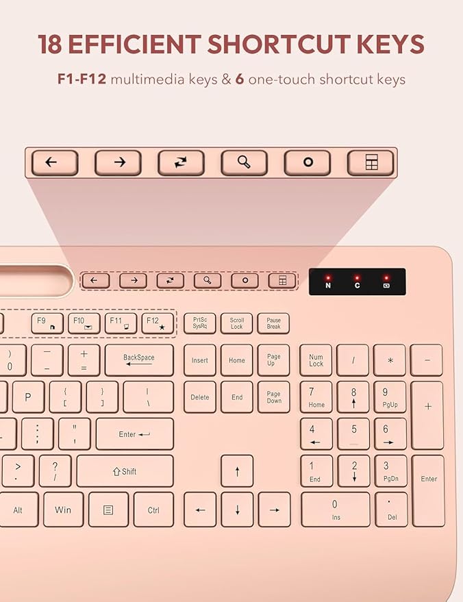 SABLUTE Wireless Keyboard and Mouse, Wrist Rest, Phone Holder, Batteries Included, 2.4G Lag-Free Ergonomic Keyboards Mouse Combo, Silent Cordless Set for Computer, Laptop, Mac, Windows (No Backlit)