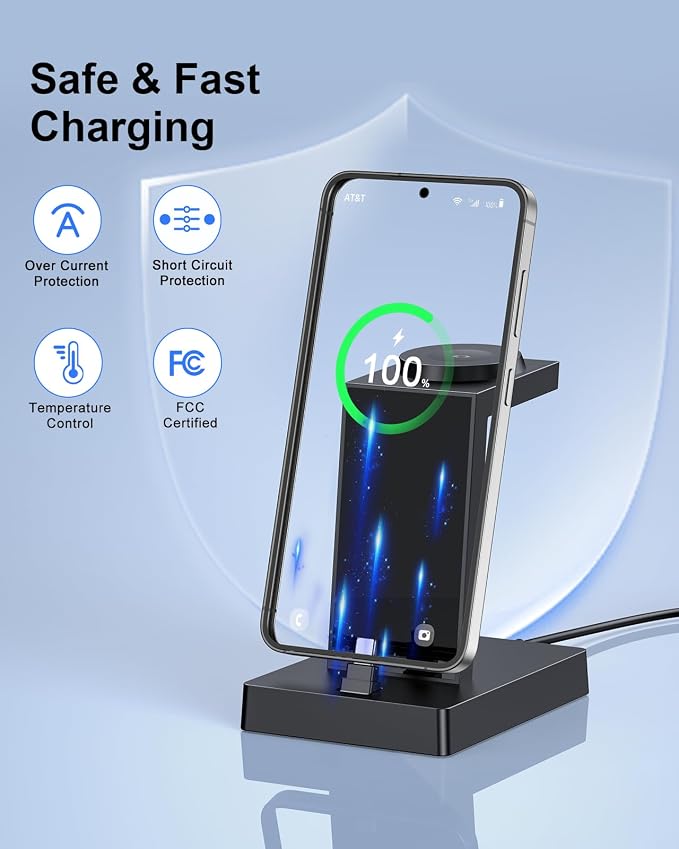 NANAMI Fast Charger for Samsung Galaxy Watch 6/5/4/3, Stand for Galaxy S24/S24+/S24 Ultra/S23/S22/S21/S20, Buds Pro, Wireless Charging Stand for iPhone 16/15/15 Pro/15 Plus/15 Pro Max/14/14 Pro/13/12