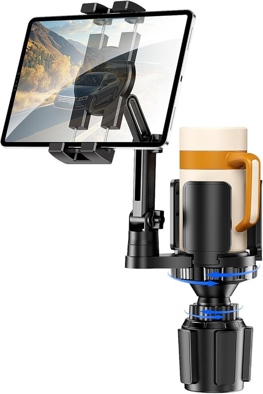 Tablet Holder for Car, 3 in 1 Cup Holder ipad Car Mount with Expander, Adjustable Base and Long Arm with 360°Rotation Phone ipad Holder Compatible for 4-12.9‘’ Tablet, All Smartphones and Most Bottles