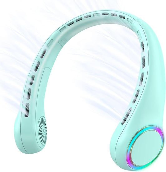 GULAKI Portable Neck Fan, Personal Fan with 4000mAh Battery, Rechargeable Neck Fan with 3 Speeds and 64 Cool Lights, Birthday Gifts for Men Women Mom Dad, Hands Free Cooling fan for Summer(Green)