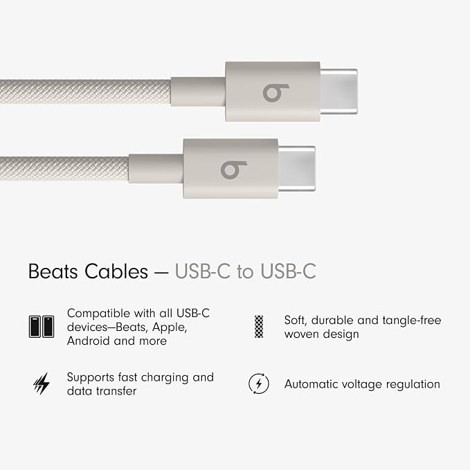 Beats USB-C to USB-C Woven Cable Fast Charging Durable/Tangle-Free Compatible Charger for Apple & Android Devices (1.5 m, 5 ft) - Surge Stone