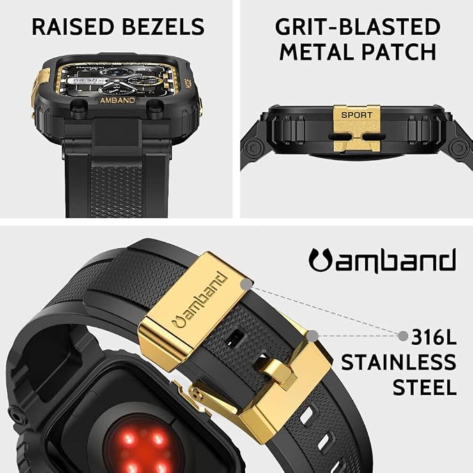 amBand Bands Compatible with Apple Watch 9/8/7 45mm, M1 Sport Series Rugged Case Protective Cover for iWatch 6/SE (3/2/1)/5/4/3 44mm Black Gold