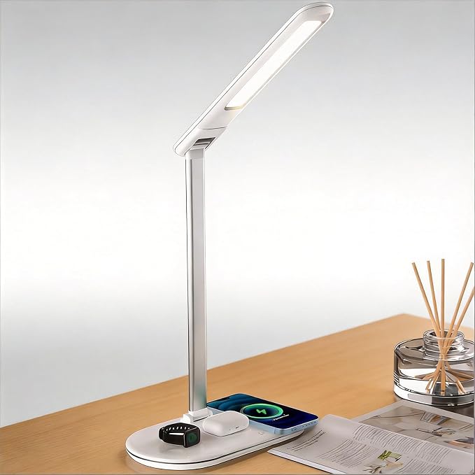 3-in-1 Wireless Charging Desk Lamp for Office&Home-15W Fast Qi Charger for Phone,Watch, AirPods,Adjustable Color&Brightness,Wide Angle Lighting,Touch Control,HYT2096 White.