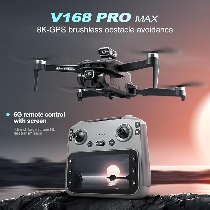 FPV Drone with 4K UHD Camera for Adults, V168 Pro Max GPS Drone with 360° Obstacle Avoidance Brushless Motor RC Drone with 4.5" HD Screen on Controller, Auto Return Altitude Hold Follow Me Headless Mode, Optical Flow Hover Foldable RC Quadcopter with S...