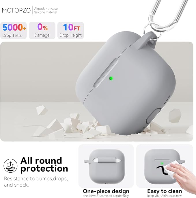 for AirPods 4 Case 2024 Come with Cleaner Kit,Soft Silicone Protective Cover for Apple AirPods 4th Generation Cases with Keychain,Compatible with AirPod 4 Case for Women Men-Light Grey