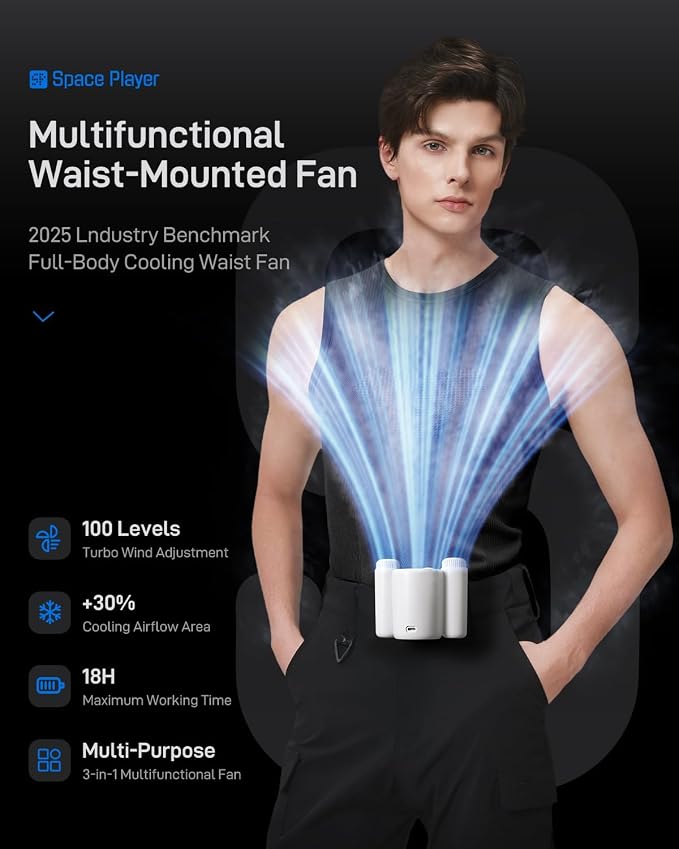 Space Player Clip On Portable Waist Fan 13000RPM,Rechargeable Hands Free Neck Shirt Belt Fan with 100 Speeds LED Display Dual SOS Light,Wearable Personal Cooling Fan for Work Jobsite Camping Outdoor