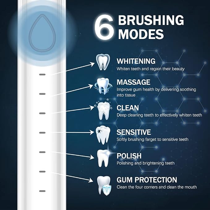 Sonic Electric Toothbrush, USB Rechargeable Powerful Sonic Cleaning Tooth Brush with 6 Modes, 5 Brush Heads + 1 Facial Cleansing Brush Head + 1 Face Massage Head Whitening Toothbrushes