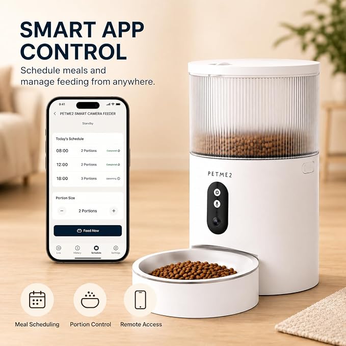 Automatic Cat Feeder with Camera, App Control, 2-Way Audio, Timed Dry Food Dispenser for Cats & Small Dogs, Smart WiFi Pet Feeder, Dual Power, Anti-Jam, Stainless Steel Bowl