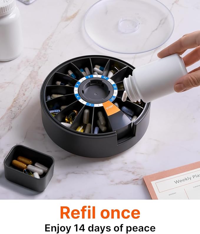 Pill Dispenser 14 Day – Rotating Medicine Organizer Wheel with Push Button, Wall Mounted or Desktop Manual Pill Dispenser for Elderly & Seniors, Large Capacity Vitamin & Medication Organizer