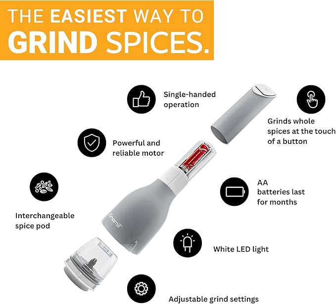FinaMill Classic Battery Spice Mill – Battery Operated Salt and Pepper Grinder Set, Includes 2 Interchangeable Spice Pods, Adjustable Coarseness, LED Light, Home and Kitchen Gift Set for Father's Day