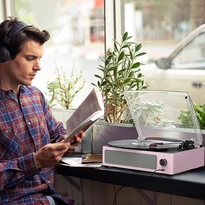 Vinyl Record Player with Speakers Turntable for Vinyls Records 3 Speed 3 Size Belt-Driven Wireless Receiver Portable All-in-1 Vinyl Players for Vinyls Auto Stop Headphone AUX RCA Line Out Pale Pink
