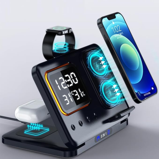 AYI Multi Functional Wireless Charging Station with Digital Clock 15W Fast Charge Night Light Temperature Humidity Monitor Wireless Charger for All Qi Phone TWS Headphone and Apple Watch-DH15 Black.