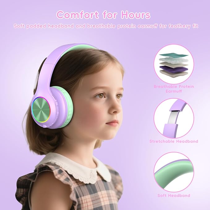 Candy Bila Kids Bluetooth 6.0 Headphones with LED Light, 85Hours Playtimes, Type-C Fast Charging, 85/94dB Volume Limited, Comfort Headphones with Built-in Mic, Wired & TF Card Mode,Green and Purple