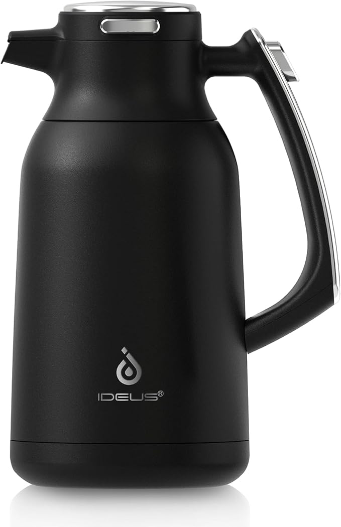 IDEUS Thermal Coffee Carafe, Stainless Steel Double Wall Insulated Vacuum Flask, Water Jug Coffee Server and Beverage Dispenser, Heat and Cold Retention (Black, 68, Fluid Ounces)