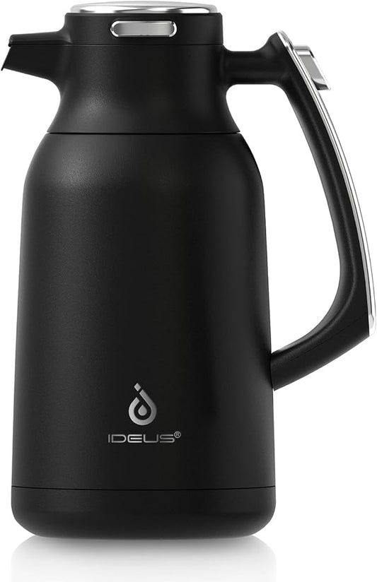 IDEUS Thermal Coffee Carafe, Stainless Steel Double Wall Insulated Vacuum Flask, Water Jug Coffee Server and Beverage Dispenser, Heat and Cold Retention (Black, 68, Fluid Ounces)