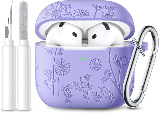 Lerobo Cute Silicone Case Cover for Airpods 4 Case with Cleaner Kit, Flower Engraved Protective Case Cover with Keychain Compatible with Apple Airpods 4 Case 2024, Bluish Violet
